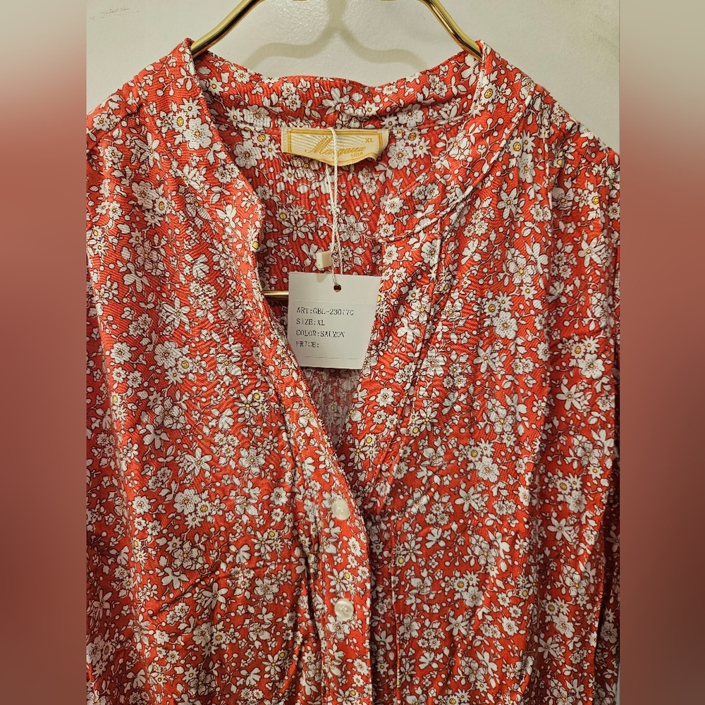 NWT - New Designer "Margaux USA" Floral Tie Waist Midi Shirt Dress - Size XL - Picture 7 of 13